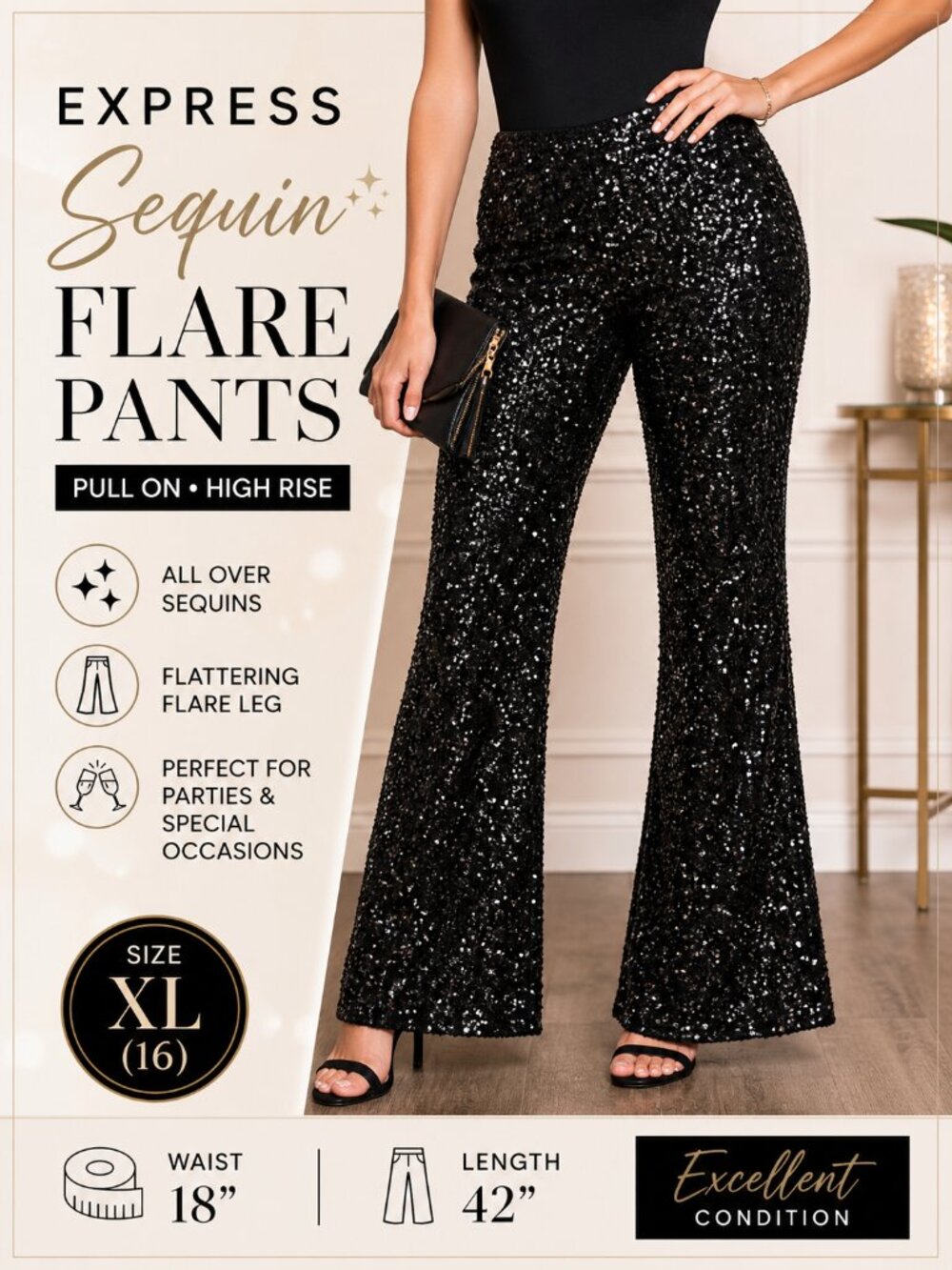 Express Black Sequin Flare Pants XL 16 Pull On High Rise Disco Party Glam